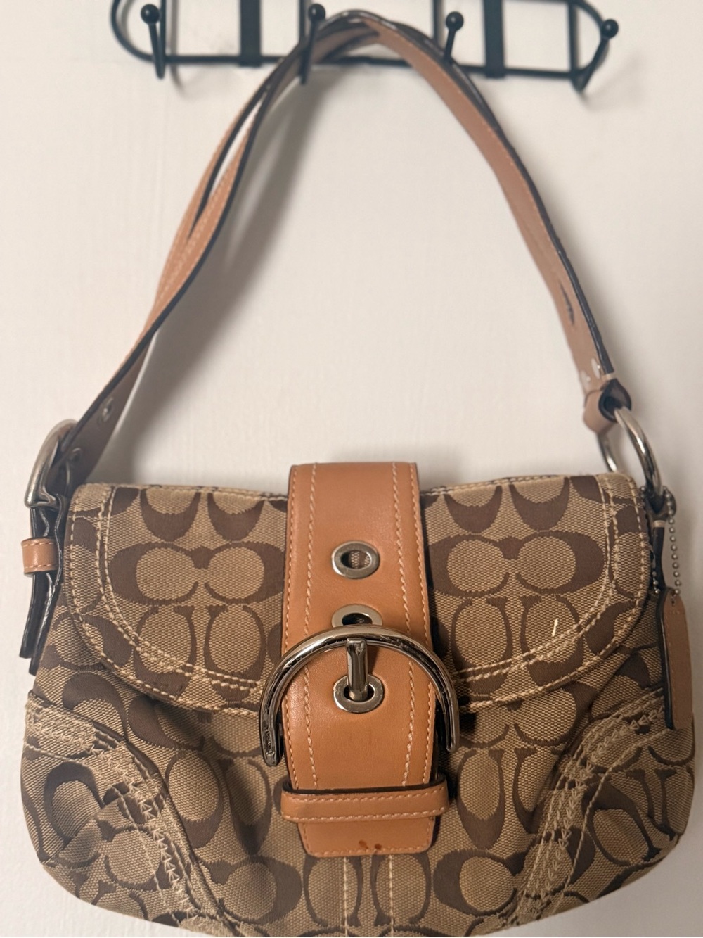 Authentic Coach Brown Signature Canvas Shoulder Bag with Tan Leather Trim